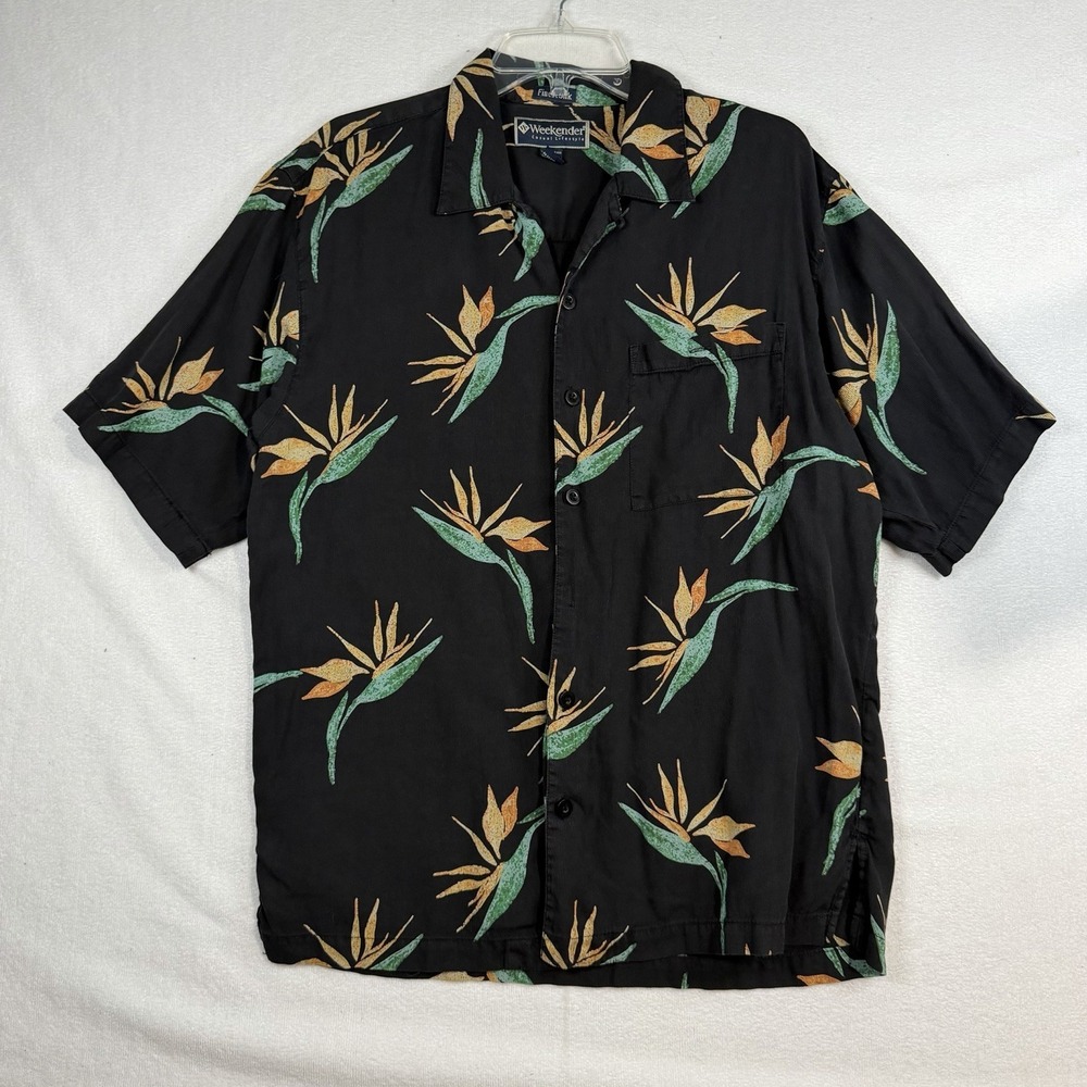 Weekender Silk Blend Hawaiian Shirt Med Camp Cruise Beach Wear Missing Button